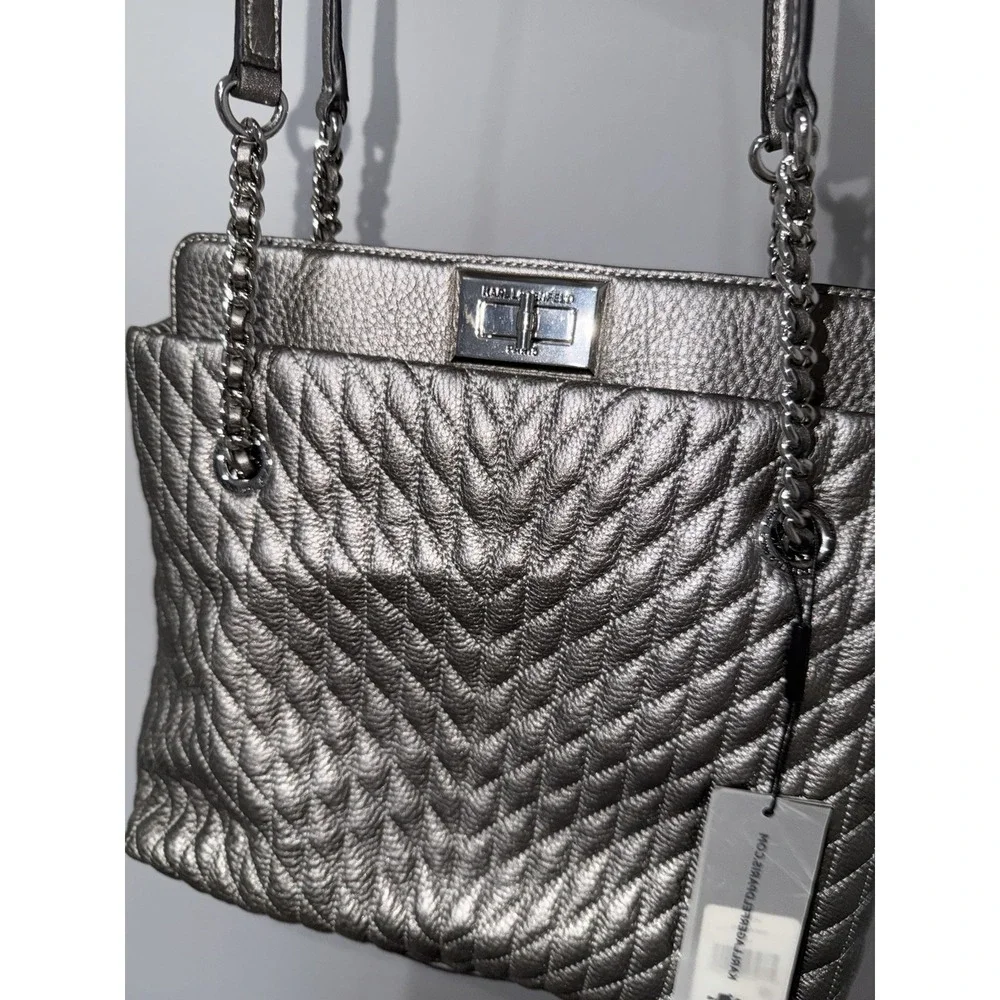 Karl‎ Lagerfeld Paris Quilted Leather Tote Silver Chain Shoulder Bag P